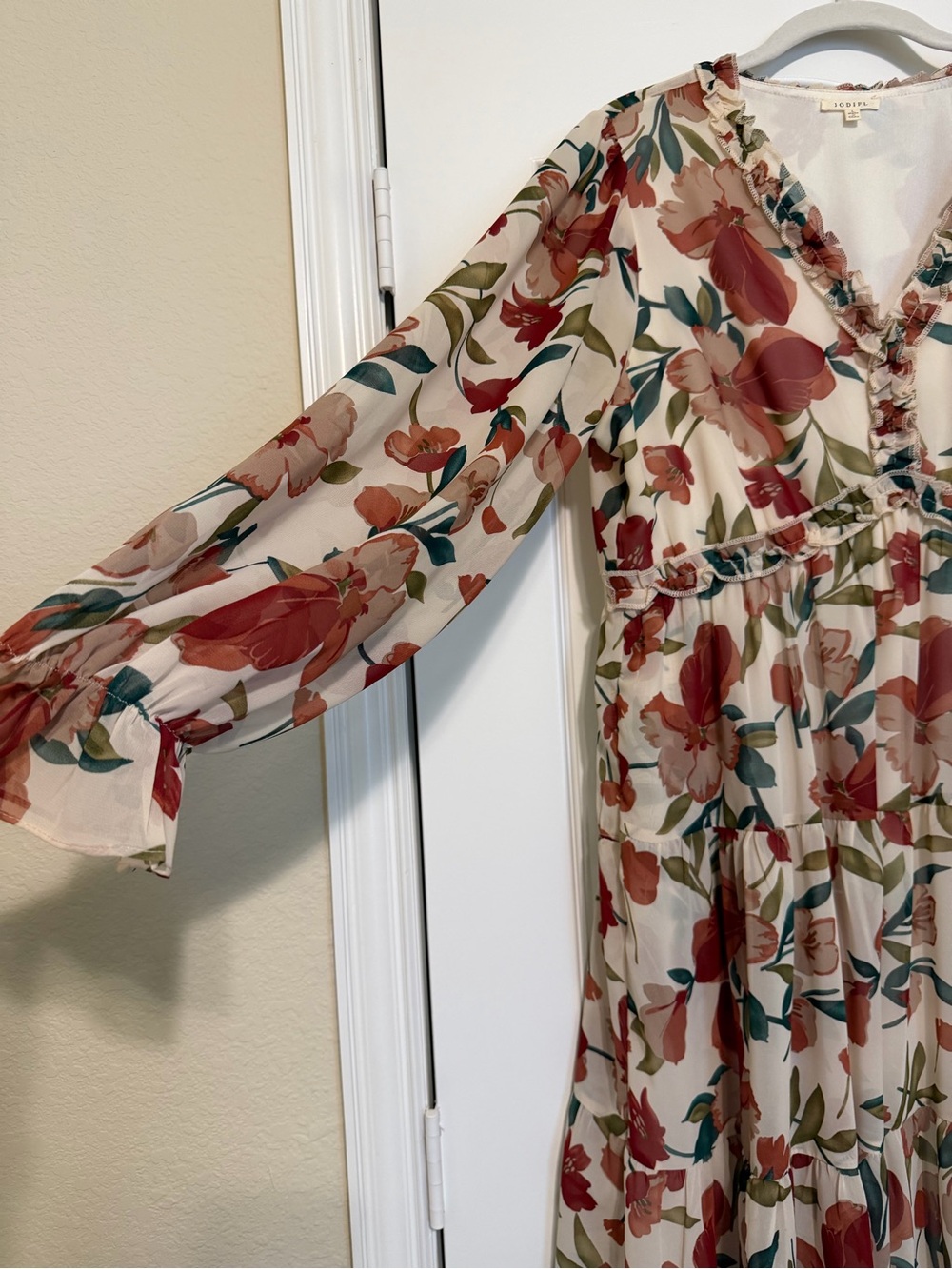 JODIFL Cream Midi Dress with Red & Green Floral Print - Picture 3 of 5